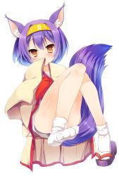 Rule 34 | 10s, 1girl, amamine, animal ear fluff, animal ears, bad id, bad pixiv id, blush, brown eyes, convenient leg, fox ears, fox tail, hairband, hatsuse izuna, japanese clothes, no game no life, purple hair, shoes, short hair, simple background, single shoe, sleeves past wrists, socks, solo, tail, white background