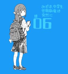 Rule 34 | 1girl, bag, blue background, copyright request, facing away, greyscale, greyscale with colored background, hair ornament, highres, holding, holding phone, karaagetarou, charm (object), long hair, looking at viewer, monochrome, numbered, phone, sad, school uniform, serafuku, shoes, short sleeves, sidelocks, simple background, skirt, socks, solo, translation request