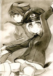 Rule 34 | 00s, 2girls, animal ears, bad id, bad pixiv id, erica hartmann, gertrud barkhorn, holding hands, hat, highres, kisetsu, monochrome, multiple girls, open mouth, panties, sepia, strike witches, striker unit, tail, underwear, uniform, world witches series