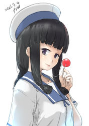 Rule 34 | 1girl, absurdres, black hair, blue sailor collar, blunt bangs, braid, candy, cosplay, dress, food, fyuo, hair ribbon, hat, hiburi (kancolle), hiburi (kancolle) (cosplay), highres, kantai collection, kitakami (kancolle), lollipop, long hair, looking at viewer, one-hour drawing challenge, ribbon, sailor collar, sailor dress, sailor hat, saliva, saliva trail, short sleeves, sidelocks, solo, tongue, tongue out, tress ribbon, upper body, white dress, white hat