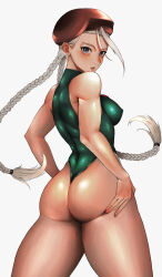 Rule 34 | 1girl, absurdres, ahoge, ass, bare arms, bare shoulders, beret, blue eyes, blush, braid, breasts, cammy white, closed mouth, commentary, covered erect nipples, from behind, green leotard, hand on own ass, hat, highleg, highleg leotard, highres, leotard, lips, long hair, looking at viewer, looking back, medium breasts, mori makoto, shiny clothes, shiny skin, simple background, skin tight, sleeveless, solo, street fighter, street fighter ii (series), thighs, twin braids, twintails, white background, white hair