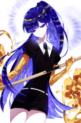 Rule 34 | 1other, absurdres, alternate hairstyle, androgynous, artist name, belt, black necktie, black shorts, blue eyes, blue hair, commentary, cowboy shot, eyelashes, gem uniform (houseki no kuni), golden arms, head tilt, highres, holding, holding sword, holding weapon, houseki no kuni, katana, lapis lazuli (houseki no kuni), long hair, looking at viewer, necktie, ponytail, puffy short sleeves, puffy sleeves, sheath, sheya, short shorts, short sleeves, shorts, signature, simple background, smile, solo, spoilers, standing, sword, symbol-only commentary, thighs, unsheathing, very long hair, weapon, white background, white belt