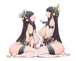 Rule 34 | 2girls, absurdres, ass, bare shoulders, black hair, blush, breasts, elbow gloves, gloves, hair ornament, highres, hinoa, lamsass, minoto, monster hunter (series), monster hunter rise, multiple girls, pointy ears, revealing clothes, sash, siblings, sideboob, sisters, sitting, stirrup legwear, thighhighs, toeless legwear, tongue, tongue out, wariza, white gloves, white thighhighs