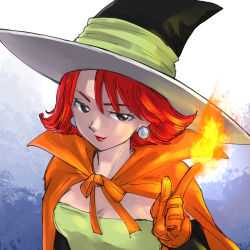 Rule 34 | 1girl, black eyes, black hat, black sleeves, breasts, cape, cleavage, commentary request, detached sleeves, dragon quest, dragon quest iii, dress, earrings, fire, gloves, green dress, green ribbon, hat, hat ribbon, highres, jewelry, mage (dq3), magic, medium breasts, orange cape, orange gloves, pekuchin (pekuchin 3), red hair, ribbon, short hair, sleeveless, sleeveless dress, solo, strapless, strapless dress, upper body, witch hat