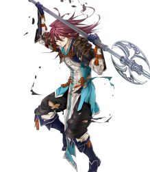 Rule 34 | 1boy, boots, fire emblem, fire emblem fates, fire emblem heroes, full body, gloves, highres, long hair, male focus, nintendo, official art, polearm, red eyes, red hair, solo, spear, subaki (fire emblem), torn clothes, transparent background, weapon, yura (ub4u)