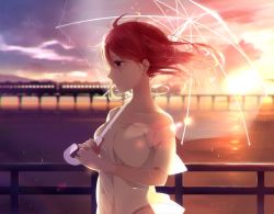 Rule 34 | 1girl, backlighting, bad id, bad pixiv id, bare shoulders, blurry, blurry background, breasts, bridge, closed mouth, cloud, cloudy sky, collarbone, commentary request, evening, expressionless, floating hair, holding, holding umbrella, looking to the side, medium breasts, multicolored sky, ocean, off shoulder, original, outdoors, profile, railing, rain, recotasan, red eyes, red hair, reflection, shirt, sky, solo, sunlight, train, transparent, transparent umbrella, umbrella, upper body, white shirt, wind, wind lift