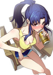 Rule 34 | 1girl, bare legs, barefoot, beer can, blue hair, blue shorts, blush, breasts, can, chair, cleavage, commentary, denim, denim shorts, drink can, from above, holding, holding can, katsuragi misato, long hair, looking at viewer, medium breasts, neon genesis evangelion, open mouth, parted bangs, ponytail, red eyes, saeki shun, short shorts, shorts, sidelocks, simple background, sitting, sleeveless, solo, table, tank top, thighs, white background, yellow tank top