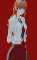 Rule 34 | 1girl, chainsaw man, fov ps, looking at viewer, makima (chainsaw man), necktie, red background, ringed eyes, shirt, smile, white shirt