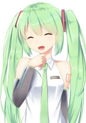 Rule 34 | 1girl, copyright name, detached sleeves, eyebrows, closed eyes, green hair, hatsune miku, highres, ji dao ji, long hair, necktie, open mouth, simple background, solo, twintails, upper body, very long hair, vocaloid, white background