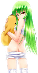 Rule 34 | 00s, 1girl, 40010prototype, ass, back, breasts, butt crack, c.c., cheese-kun, code geass, green hair, highres, long hair, looking back, pizza hut, shorts, simple background, solo, tank top, thighhighs, underboob, white background, white thighhighs, yellow eyes