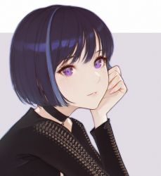 Rule 34 | 1girl, black shirt, blouse, blue hair, blush, bob cut, choker, commentary request, fingernails, gradient hair, head rest, highres, lips, long fingernails, long sleeves, looking at viewer, multicolored hair, original, purple background, purple eyes, shirt, simple background, solo, swept bangs, symbol-shaped pupils, upper body, wave 61