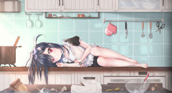 Rule 34 | 1girl, :|, absurdres, apron, bag, bare arms, bare legs, barefoot, black dress, black hair, blush, bowl, cake, choker, closed mouth, collarbone, counter, cream, cream on face, cuna (qunya), cup, day, dress, drinking glass, eggshell, food, food on face, frilled apron, frilled choker, frilled hairband, frills, full body, glint, hairband, headdress, highres, holding, indoors, jar, kitchen, knife, legs together, long hair, looking at viewer, lying, measuring cup, on counter, on side, one side up, original, oven mitts, paper bag, pastry bag, plate, pot, red eyes, revision, scissors, shelf, short sleeves, sidelocks, solo, spatula, spoon, table, tile wall, tiles, whisk, wine glass