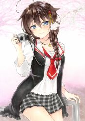 Rule 34 | 1girl, ahoge, blue eyes, blush, braid, brown hair, camera, cherry blossoms, fujiwara minaho, hair between eyes, hair flaps, hair ornament, hair over shoulder, highres, holding, holding camera, kantai collection, looking at viewer, necktie, official alternate costume, plaid, plaid skirt, red necktie, shigure (kancolle), shigure kai ni (kancolle), single braid, skirt, smile, solo, watermark