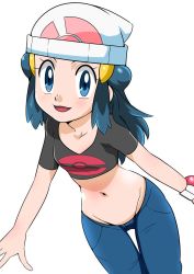 Rule 34 | 1girl, blue eyes, blue hair, blush, breasts, creatures (company), curvy, dawn (pokemon), female focus, game freak, hainchu, highres, looking at viewer, nintendo, pokemon, pokemon (anime), pokemon dppt (anime), shiny skin, small breasts, smile, solo