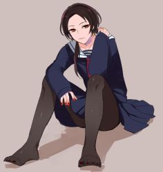 Rule 34 | 10s, 1boy, androgynous, black pantyhose, brown hair, collarbone, crossdressing, earrings, full body, hiki yuichi, jewelry, kashuu kiyomitsu, knees up, long hair, male focus, mole, mole under mouth, nail polish, pantyhose, parted lips, personification, ponytail, red eyes, red nails, school uniform, serafuku, simple background, sitting, skirt, smile, solo, toenail polish, toenails, touken ranbu, uniform