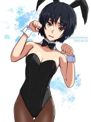 Rule 34 | amagami, animal ears, black bow, black bowtie, black hair, black leotard, bow, bowtie, breasts, brown eyes, bunny day, cleavage, dated, detached collar, highres, leaning to the side, leotard, looking at viewer, medium breasts, mitojyaneeeeyo, nanasaki ai, pantyhose, playboy bunny, rabbit ears, rabbit pose, short hair, strapless, strapless leotard, twitter username, wrist cuffs