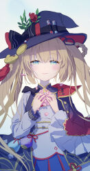 Rule 34 | 1girl, blue eyes, blue hat, blue skirt, blush, braided hair rings, brown hair, cape, cherry blossoms, chocofox, closed mouth, commentary request, cowboy shot, hand on own chest, hat, highres, indie virtual youtuber, long hair, looking at viewer, mochikomame, petals, shirt, skirt, smile, solo, twintails, virtual youtuber, white shirt, witch hat