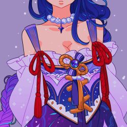 Rule 34 | 1girl, blue hair, braid, breasts, cleavage, corset, genshin impact, head out of frame, highres, jewelry, low-braided long hair, low-tied long hair, medium breasts, meyoco, necklace, purple background, purple hair, raiden shogun, rope, solo