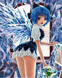 Rule 34 | 1girl, :3, ass, blue eyes, blue hair, bow, chair, cirno, dress, frills, frog, from behind, frozen, frozen frog, hair bow, ice, ice wings, kabaji, looking back, matching hair/eyes, oil painting (medium), open mouth, painting (medium), short hair, solo, thighs, touhou, traditional media, window, wings