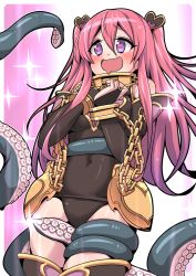 Rule 34 | 1girl, :d, armor, armpit crease, bare shoulders, black footwear, black leotard, blush, boots, breasts, bridal gauntlets, chain, commentary request, covered navel, cowboy shot, cuffs, cuffs-to-collar, drooling, faulds, gold armor, hair between eyes, hair ornament, heart, heart-shaped pupils, heart hair ornament, kuka (princess connect!), large breasts, leotard, long hair, masochism, mouth drool, open mouth, papaya (neopapaya2020), pink hair, princess connect!, purple eyes, restrained, sidelocks, smile, solo, sparkle, suction cups, symbol-shaped pupils, tentacles, thigh boots, thighhighs, two side up