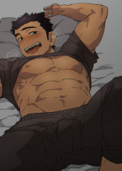 Rule 34 | 1boy, abs, bad id, bad pixiv id, bara, bed, black eyes, black hair, blush, breath, clothes lift, feet out of frame, highres, male focus, muscular, navel, nipples, original, pants, pectorals, pillow, sagami jon, shirt lift, short hair, solo, toned, toned male, tongue, tongue out, track pants