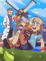 Rule 34 | 2boys, aged down, arven (pokemon), bandaid, beard, blue shirt, blue sky, brown hair, child, closed eyes, commentary request, creatures (company), facial hair, father and son, food, game freak, gen 4 pokemon, hand in pocket, highres, inana umi, lab coat, leaf, male focus, maschiff, multiple boys, nintendo, poke ball, poke ball (basic), pokemon, pokemon (creature), pokemon sv, rotom, rotom phone, sandwich, shirt, sitting, sky, smile, standing, tongue, tongue out, turo (pokemon), windmill