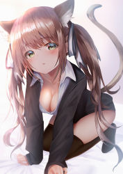 Rule 34 | 1girl, all fours, animal ear fluff, animal ears, arm support, bad id, bad pixiv id, bed sheet, black jacket, black thighhighs, blush, breasts, brown hair, cat ears, cat girl, cat tail, cleavage, collarbone, collared shirt, downblouse, dress shirt, green eyes, hair ribbon, highres, jacket, long hair, long sleeves, looking at viewer, medium breasts, no bra, no shoes, open clothes, open mouth, original, ribbon, shirt, sleeves past wrists, solo, tail, thighhighs, thighs, twintails, very long hair, white background, white shirt, wing collar, yk (pixiv43531291)