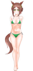 Rule 34 | 1girl, absurdres, animal ears, arms behind back, barefoot, bikini, blush, breasts, cleavage, closed mouth, clover hair ornament, commentary request, feet, fine motion (umamusume), full body, green eyes, hair between eyes, hair ornament, highres, horse ears, horse girl, horse tail, looking at viewer, medium breasts, multicolored hair, short hair, side-tie bikini bottom, simple background, smile, solo, streaked hair, swimsuit, tail, thigh gap, tsumu618, umamusume, white background, white hair