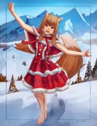 Rule 34 | 1girl, alternate costume, animal ears, artist name, barefoot, blue sky, blush, capelet, dress, fur-trimmed capelet, fur trim, highres, holo, looking at viewer, mountainous horizon, outstretched arms, pine tree, red capelet, red dress, red eyes, red ribbon, ribbon, seraziel, sky, smile, solo, spice and wolf, spread arms, steam, tail, tree, winter, wolf ears, wolf tail