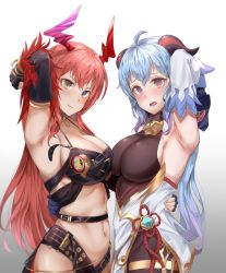 Rule 34 | arm around back, armpits, bad id, bad pixiv id, belt, blue hair, breasts, chaos (dungeon and fighter), cleavage, commission, detached sleeves, dungeon and fighter, ganyu (genshin impact), genshin impact, highres, horns, knight (dungeon and fighter), light blue hair, long hair, looking at viewer, navel, open mouth, pharamacom, pink hair