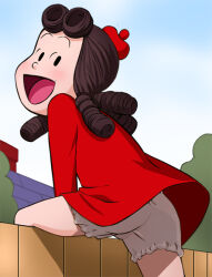 Rule 34 | 1girl, :d, ass, black hair, bloomers, climbing, dress, fence, haruyama kazunori, hat, house, little lulu, long hair, looking at viewer, louise moppet, mini hat, open mouth, outdoors, red dress, skirt, smile, solo, tree, underwear