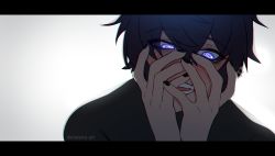 Rule 34 | 1boy, absurdres, black nails, blush, crazy eyes, crazy smile, highres, indie virtual youtuber, letterboxed, looking at viewer, male focus, matemi, nail polish, purple eyes, short hair, shoto (vtuber), simple background, smile, virtual youtuber, yandere trance
