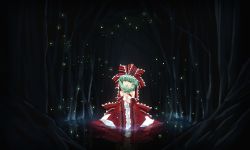 Rule 34 | 1girl, adapted costume, bare shoulders, clover, detached sleeves, dress, female focus, fireflies, forest, four-leaf clover, front ponytail, green eyes, green hair, hair ribbon, highres, kagiyama hina, matching hair/eyes, nature, night, reflection, ribbon, solo, tan (carbon), touhou, tree, water, wide sleeves