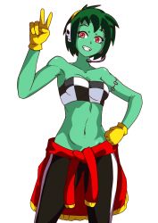 Rule 34 | 1girl, :d, alternate costume, bra, checkered bra, checkered clothes, clothes around waist, colored skin, gloves, green hair, green skin, hand on own hip, headphones, highres, midriff, navel, open mouth, pants, red eyes, rottytops, shantae (series), shirt, shirt around waist, short hair, skull, smile, solo, stitches, stomach, strapless, teeth, track pants, tube top, undead, underwear, zombie