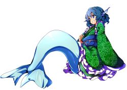 Rule 34 | 1girl, :d, baba (baba seimaijo), blue eyes, blue hair, commentary request, drill hair, fins, fish tail, floral print, frilled kimono, frills, from side, full body, head fins, highres, japanese clothes, kimono, long sleeves, looking away, mermaid, monster girl, obi, open mouth, sash, short hair, short kimono, sleeves past wrists, smile, solo, tachi-e, tail, touhou, transparent background, wakasagihime, wide sleeves