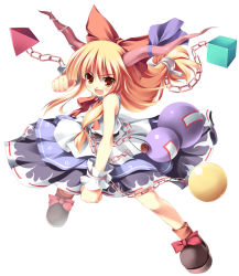 Rule 34 | &gt;:d, 1girl, :d, ball, bare shoulders, black footwear, blunt bangs, bow, brown socks, chain, clenched hand, cube, dress, fang, female focus, footwear bow, gourd, hair bow, horn ornament, horn ribbon, horns, ibuki suika, long hair, looking at viewer, low-tied long hair, neck ribbon, open mouth, orange eyes, orange hair, purple ribbon, pyramid (structure), red bow, red ribbon, ribbon, shirt, shoes, simple background, skirt, skirt set, sleeveless, sleeveless shirt, smile, socks, solo, tateha (marvelous grace), touhou, v-shaped eyebrows, white background, wrist cuffs, yellow eyes