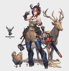 Rule 34 | 1girl, absurdres, antlers, apron, bare shoulders, bird, brown hair, chainsaw, chicken, deer, denim, ear protection, fingerless gloves, fingernails, full body, gesoking, gloves, goggles, goggles on head, highres, holding, holding chainsaw, horns, jeans, jewelry, knee pads, mouth hold, nail polish, necklace, orange nails, original, pants, power drill, power tool, purple eyes, solo, statue, wood