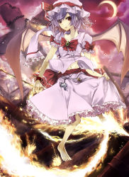 Rule 34 | 1girl, barefoot, bat wings, chain, crescent moon, dress, feet, female focus, fire, flying, hat, highres, moon, muso-comet, pocket watch, purple hair, red eyes, remilia scarlet, ruins, smile, solo, spear the gungnir, touhou, watch, wings