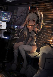 Rule 34 | 1girl, animal ears, asicah, ayanami (azur lane), ayanami (niconico) (azur lane), azur lane, bag of chips, bandaid, bandaid on arm, window blinds, bottomless, breasts, cellphone, chair, character request, chips (food), commentary request, computer, day, figure, food, glowworm (azur lane), hand on headphones, headphones, high ponytail, indoors, javelin (azur lane), laffey (azur lane), looking at viewer, monitor, off shoulder, office chair, phone, ponytail, poster (object), potato chips, red eyes, shirt, shoe dangle, short sleeves, sitting, slippers, small breasts, smartphone, solo, sunlight, swivel chair, thighhighs, thighhighs pull, white footwear, white hair, white shirt, white thighhighs, wide sleeves