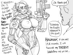 Rule 34 | 1boy, 1girl, absurdres, bb (baalbuddy), breasts, commentary, cyborg, elf, english commentary, english text, greyscale, gun, highres, holding, holding gun, holding weapon, large breasts, mechanical arms, monochrome, orc, original, pointing, pointing up, pointy ears, simple background, single mechanical arm, speech bubble, weapon, white background