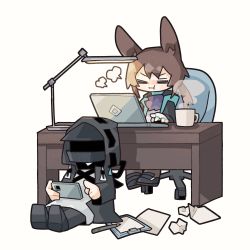 Rule 34 | 1girl, 1other, :i, = =, ambiguous gender, amiya (arknights), animal ears, arknights, ascot, black jacket, black pants, black pantyhose, blue ascot, brown hair, cellphone, chair, clipboard, computer, crumpled paper, cup, desk, desk lamp, doctor (arknights), highres, holding, holding phone, hood, hood up, hooded jacket, index finger raised, jacket, jewelry, kdmr0402, lamp, laptop, long hair, mask, mug, multiple rings, office chair, open clothes, open jacket, pants, pantyhose, pen, phone, ponytail, rabbit ears, rabbit girl, ring, shirt, simple background, sitting, smartphone, steam, swivel chair, white background, white shirt