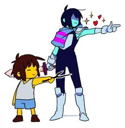 Rule 34 | 2others, armor, blue hair, boots, borrowed clothes, brown hair, colored skin, deltarune, flat color, frisk (undertale), full body, gloves, heart, holding, holding sword, holding weapon, kris (deltarune), messy hair, multiple others, nenekantoku, other focus, pauldrons, pointing, shaded face, shirt, shorts, shoulder armor, simple background, sleeveless, sparkle, stick, striped clothes, striped shirt, sword, twitter username, undershirt, undertale, weapon, white background, yellow skin
