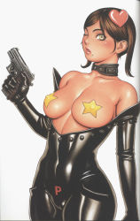 Rule 34 | 1girl, black bodysuit, blush, bodysuit, breasts, cameltoe, collar, formal, gun, hair ornament, hairpin, handgun, heart, heart hair ornament, highres, large breasts, latex, leather, lips, mole, mole under mouth, one eye closed, original, pasties, pistol, shiny clothes, shiny skin, skin tight, solo, source request, star (symbol), star pasties, suit, tsukasa jun, weapon, wink