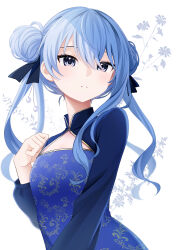Rule 34 | 1girl, absurdres, alternate costume, alternate hairstyle, black ribbon, blue dress, blue eyes, blue hair, blue sleeves, china dress, chinese clothes, double bun, dress, flower, hair between eyes, hair bun, hair ribbon, highres, hololive, hoshimachi suisei, long hair, long sleeves, looking at viewer, mia (mk2022), parted lips, print dress, quad tails, ribbon, shrug (clothing), solo, symbol in eye, upper body, virtual youtuber