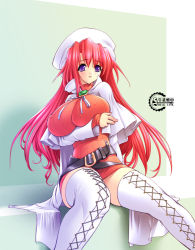 Rule 34 | 1girl, aty, aty (summon night), belt, belted skirt, belt skirt, boots, breast hold, breasts squeezed together, breasts, cloak, covered erect nipples, grotesque mutilation, gunner-l, hat, huge breasts, legs, long hair, long legs, miniskirt, purple eyes, red hair, sitting, skirt, solo, summon night, summon night 3, thigh boots, thighhighs, thighs, very long hair, white footwear, white thighhighs, zettai ryouiki
