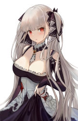 Rule 34 | 1girl, absurdres, azur lane, bare shoulders, between breasts, black dress, black ribbon, breasts, cleavage, clothing cutout, dress, formidable (azur lane), frilled dress, frills, grey hair, hair ribbon, highres, large breasts, long hair, looking at viewer, necktie, necktie between breasts, red eyes, ribbon, scalo, shoulder cutout, simple background, solo, twintails, two-tone dress, two-tone ribbon, very long hair, white background, white dress, white ribbon