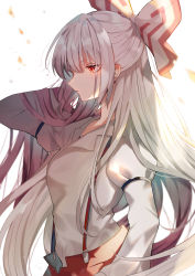 Rule 34 | 1girl, bow, commentary request, from side, fujiwara no mokou, hair bow, highres, juliet sleeves, long hair, long sleeves, pants, puffy sleeves, red eyes, red pants, satoupote, shirt, sidelocks, silver hair, simple background, solo, suspenders, touhou, upper body, very long hair, white background, white bow, white shirt