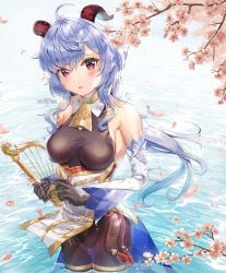 Rule 34 | 1girl, absurdres, ahoge, armpits, bell, black bodysuit, black gloves, bodysuit, cherry blossoms, commentary request, detached sleeves, ganyu (genshin impact), genshin impact, gloves, hair between eyes, harp, highres, holding, holding instrument, horns, in water, instrument, lake, long hair, looking at viewer, music, neck bell, parted lips, petals, playing instrument, sidelocks, silverpixia, solo, wading, watermark, wet, wide sleeves
