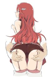 Rule 34 | 1girl, arms up, ass, ass focus, ass grab, blush, close-up, cordelia (fire emblem), embarrassed, fire emblem, fire emblem awakening, from behind, garter straps, groping, hand under clothes, highres, long hair, looking down, molestation, nervous, nintendo, nose blush, red eyes, red hair, red thighhighs, sekaihebi, shy, thighhighs, thighs, underwear, very long hair, white background, winged hair ornament