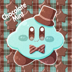 Rule 34 | absurdres, blush stickers, bow, bowtie, brown background, brown bow, brown bowtie, brown footwear, brown hat, chewing, chocolate, closed mouth, colored skin, commentary request, english text, green background, green skin, grey eyes, hat, highres, kirby, kirby (series), miclot, mini hat, mini top hat, nintendo, no humans, palette swap, plaid, plaid background, shoes, solo, sparkling eyes, star (symbol), starry background, straight-on, striped bow, striped bowtie, striped clothes, top hat, two-tone background, valentine, wavy mouth